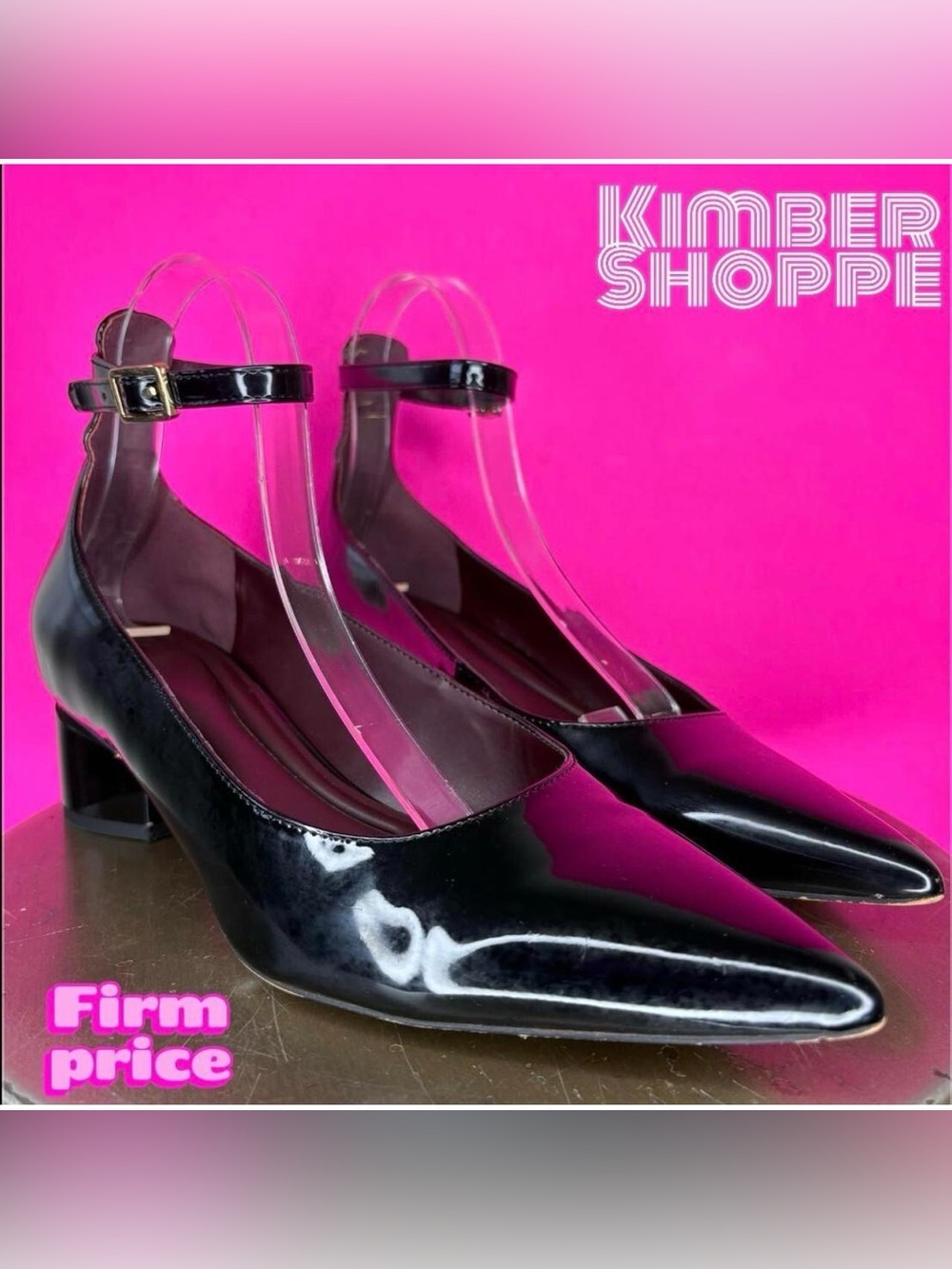 Franco Sarto Vitale Patent Black Ankle Strap Pointed Toe Pump US 9 UK 6.5